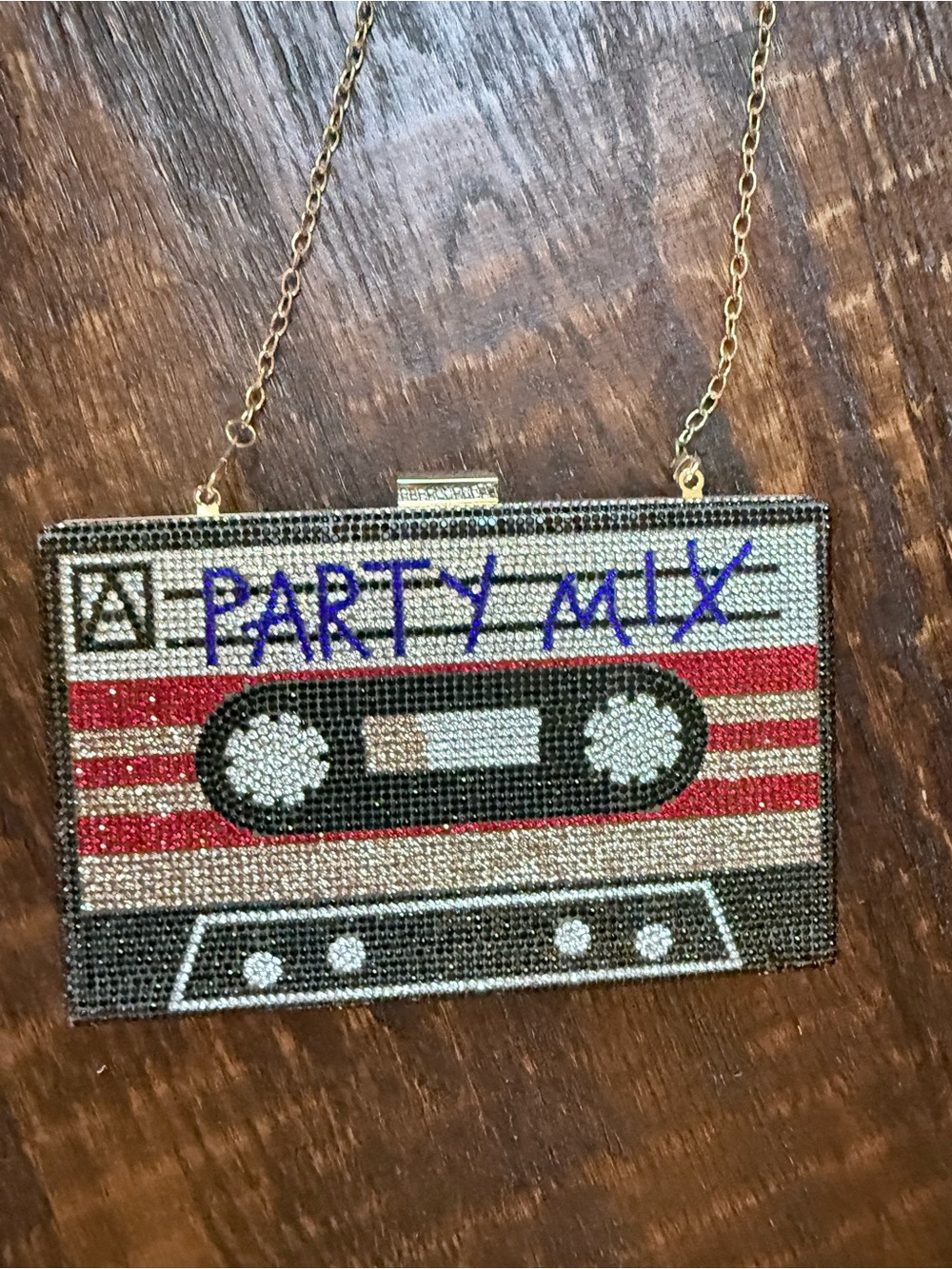 Beaded Cassette Tape Party Clutch - Red, Black, Gold with chain